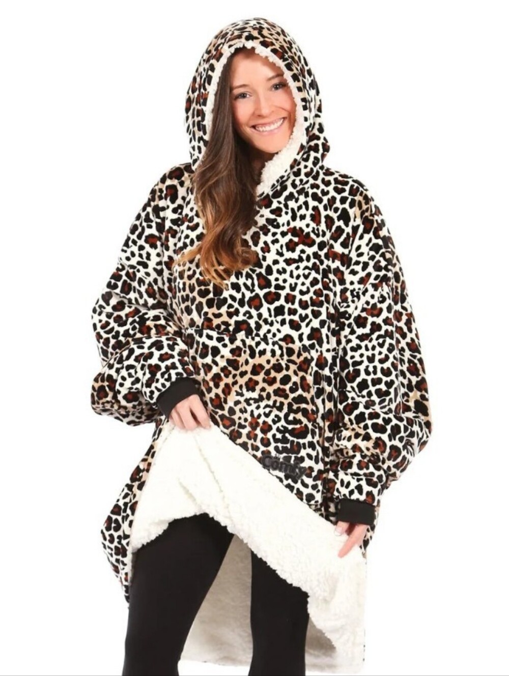 The Comfy Leopard Print Sherpa Hooded Oversized Jacket - Cream/Brown